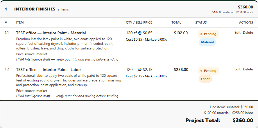 Real TEST estimate line items created from a job description with HHM Intelligence.