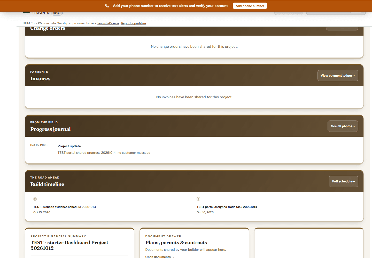 Real homeowner project dashboard with assigned work and shared records.