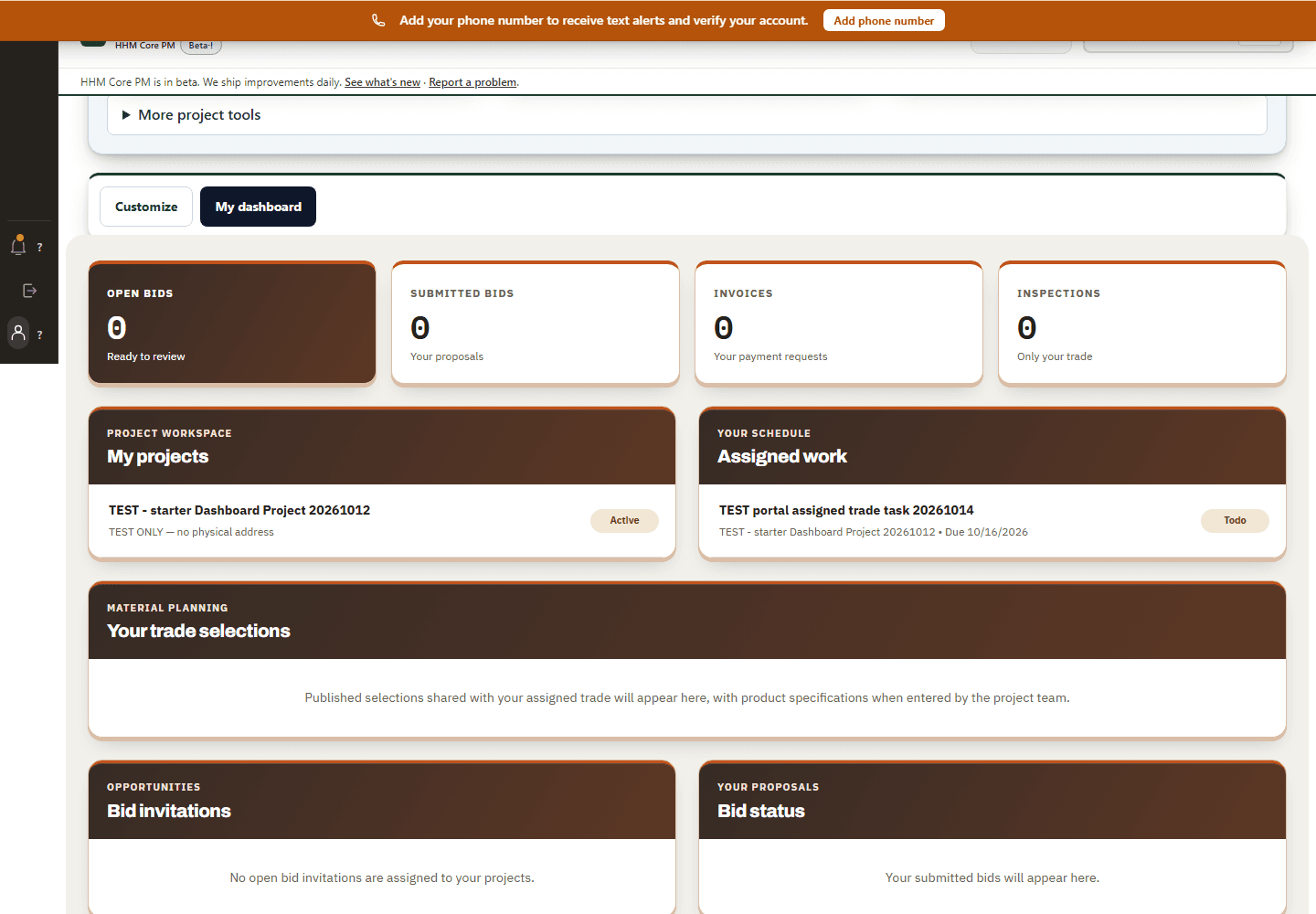 Real trade partner project dashboard with assigned work and shared records.