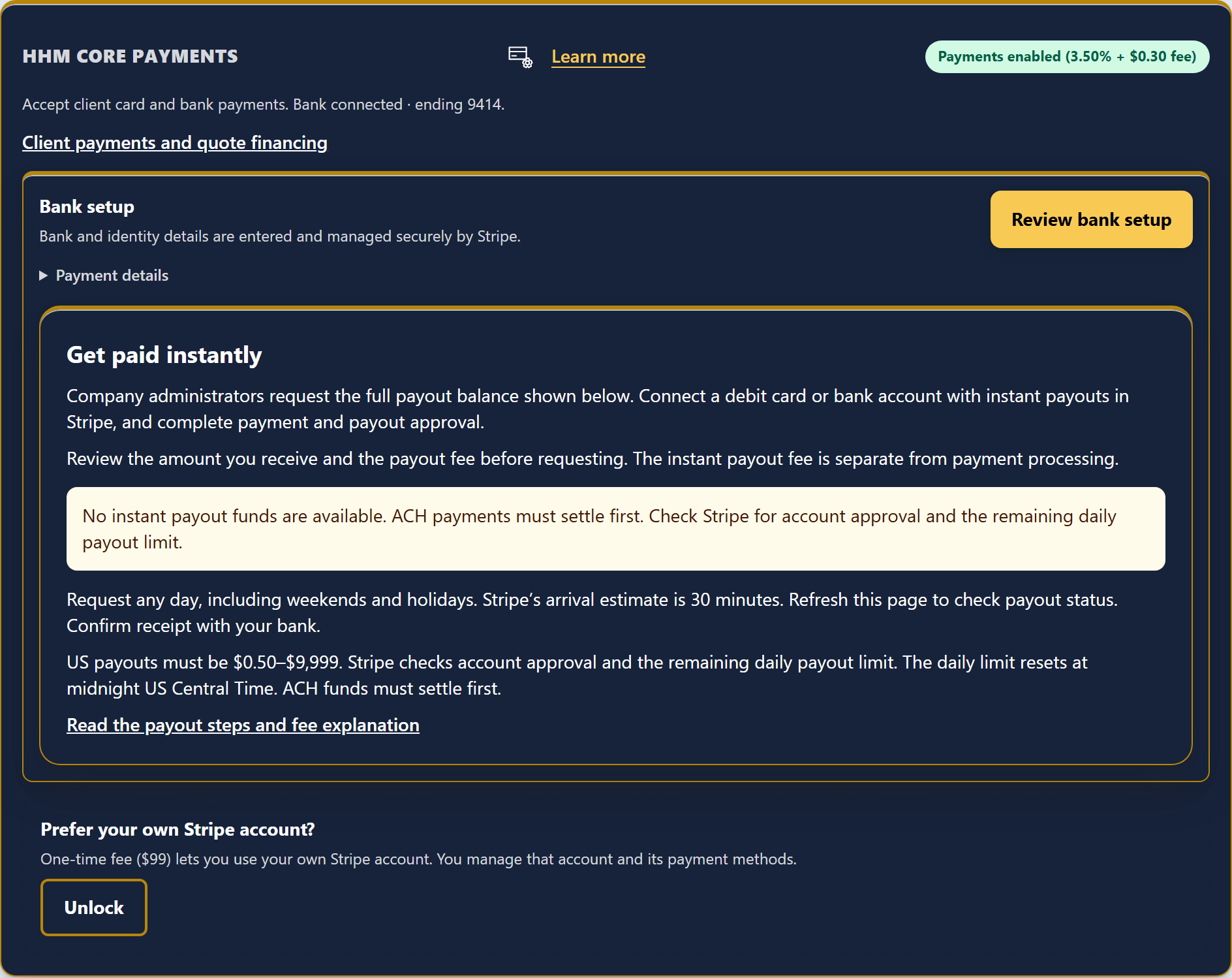 HHM Core Payments in Connections showing a connected bank account.