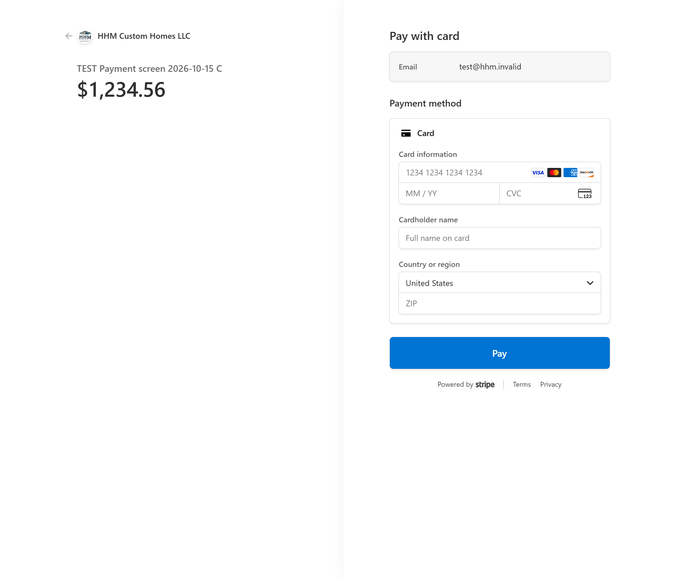 Stripe Checkout showing HHM Custom Homes LLC and the payment amount.